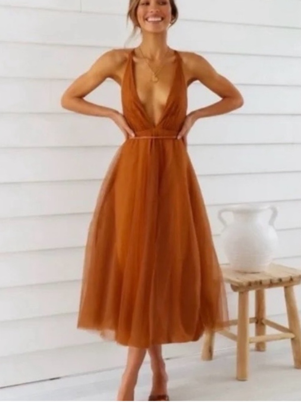 Hello Molly - Plunging V-Neck Sleeveless Midi Dress in Rust